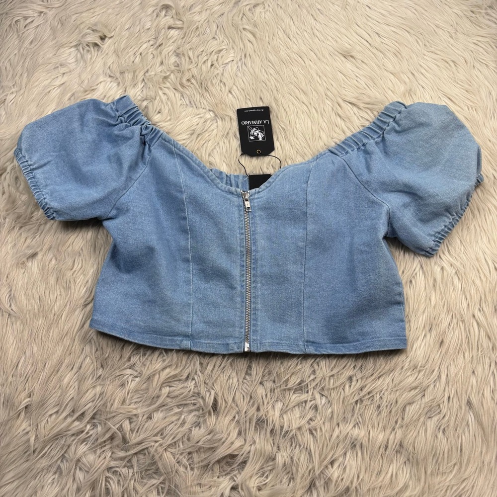 NWT La Armario Women's XL Zip Front Puff Sleeve Denim Crop Top Cowgirl Festival